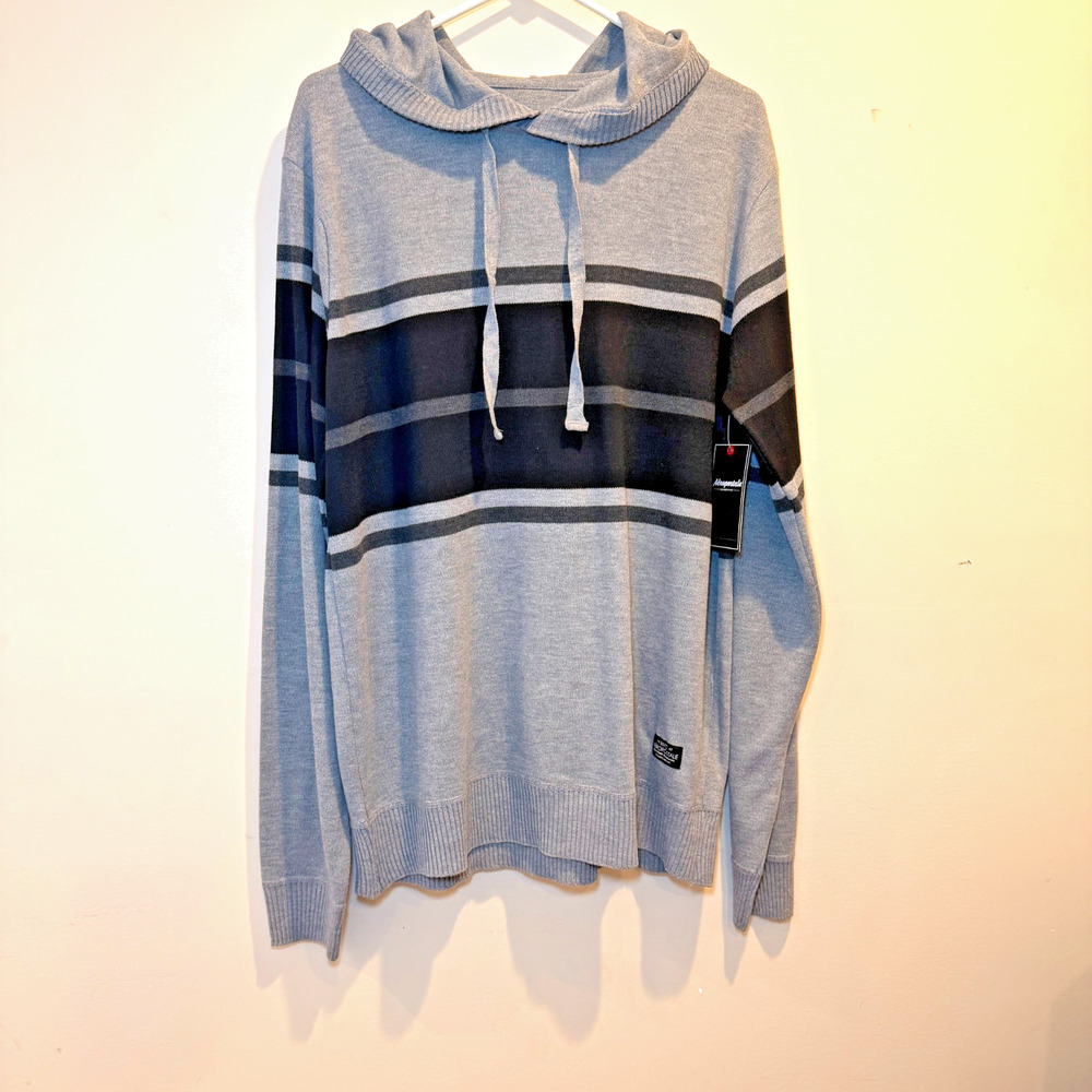 Aeropostale Men’s Striped Knit Hoodie Sweater – Gray/Charcoal/Black – Size XL (N